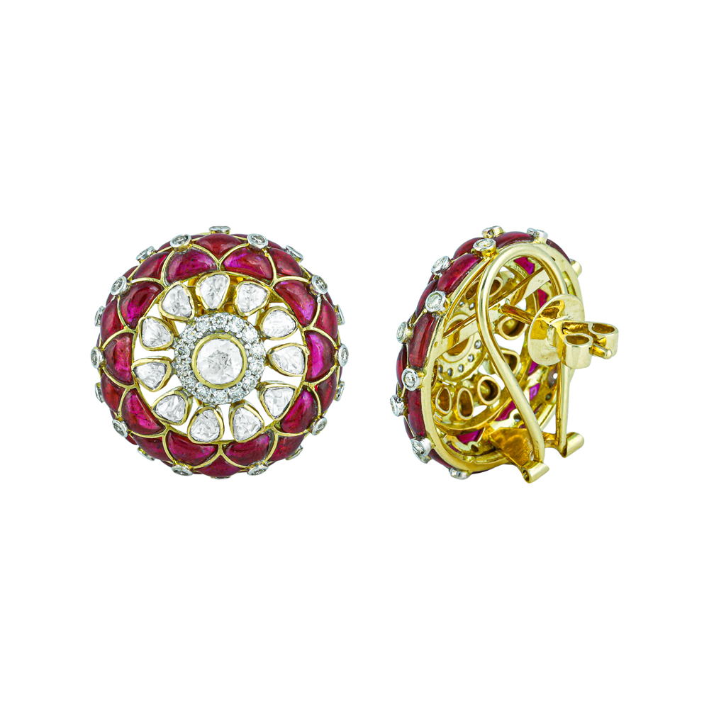 Floral Polki Earrings with Red Gemstone Talaf